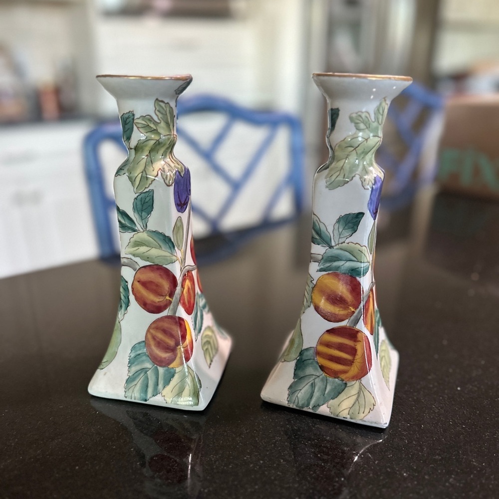 Set of Two Ceramic Fruit Motif Candlesticks - Picture 1 of 7